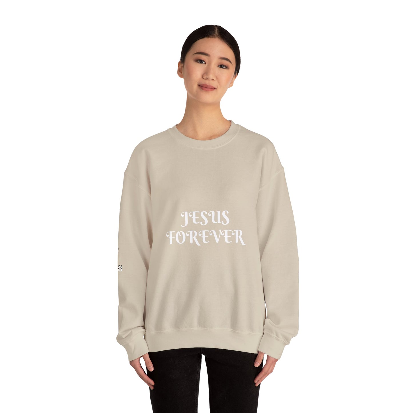 Jesus Forever Crewneck Sweatshirt Hebrews 13:8 on back Jesus Christ the same yesterday and today and forever.