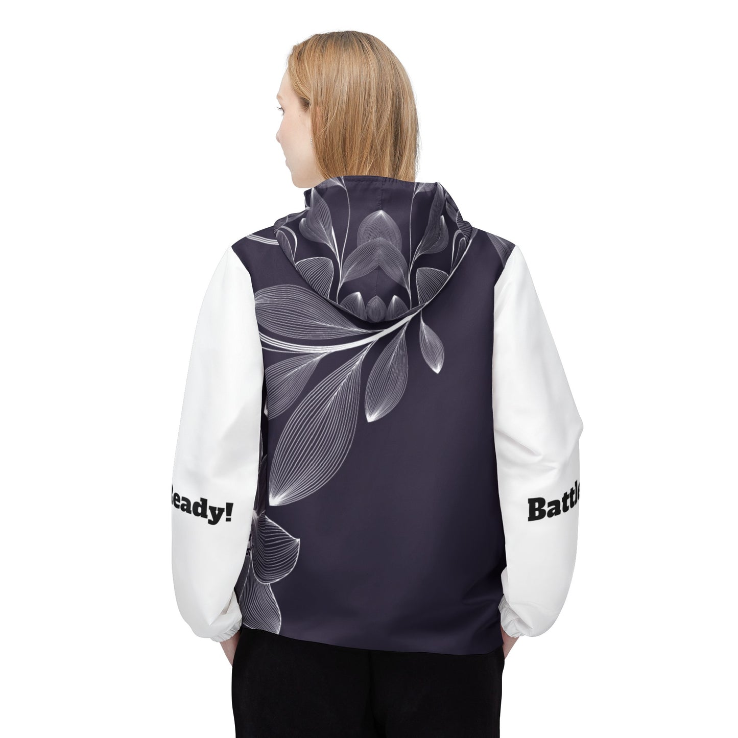 Windbreaker Jacket (AOP) black and white flower strong in the Lord, Battle Ready, More than a conqueror
