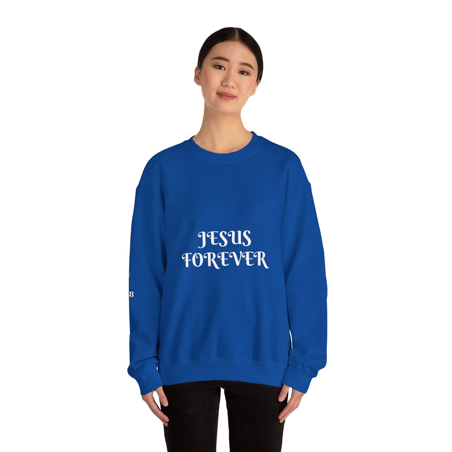 Jesus Forever Crewneck Sweatshirt Hebrews 13:8 on back Jesus Christ the same yesterday and today and forever.