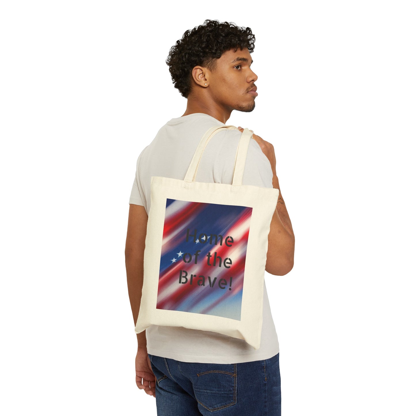 Cotton Canvas Tote Bag with American Flag and words Home of the Brave.
