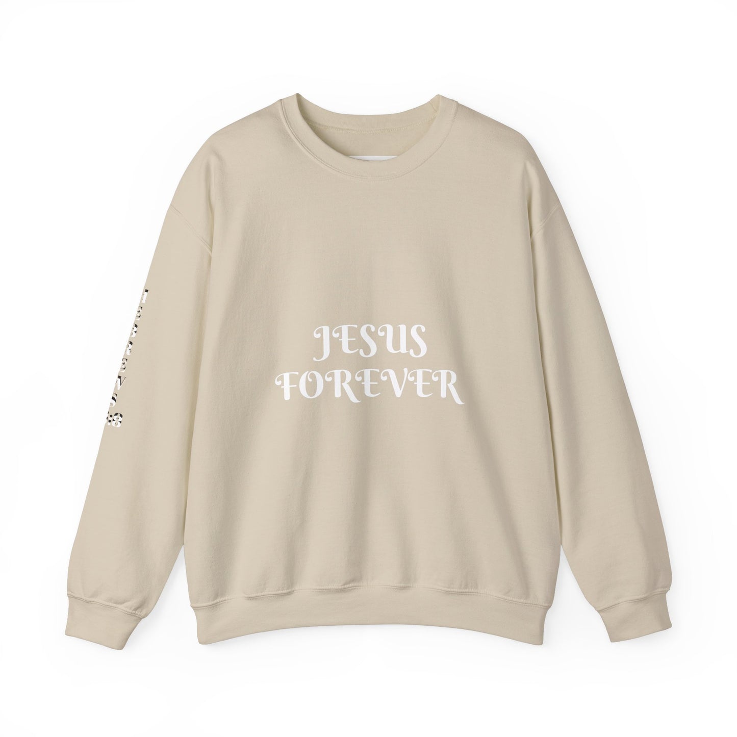 Jesus Forever Crewneck Sweatshirt Hebrews 13:8 on back Jesus Christ the same yesterday and today and forever.