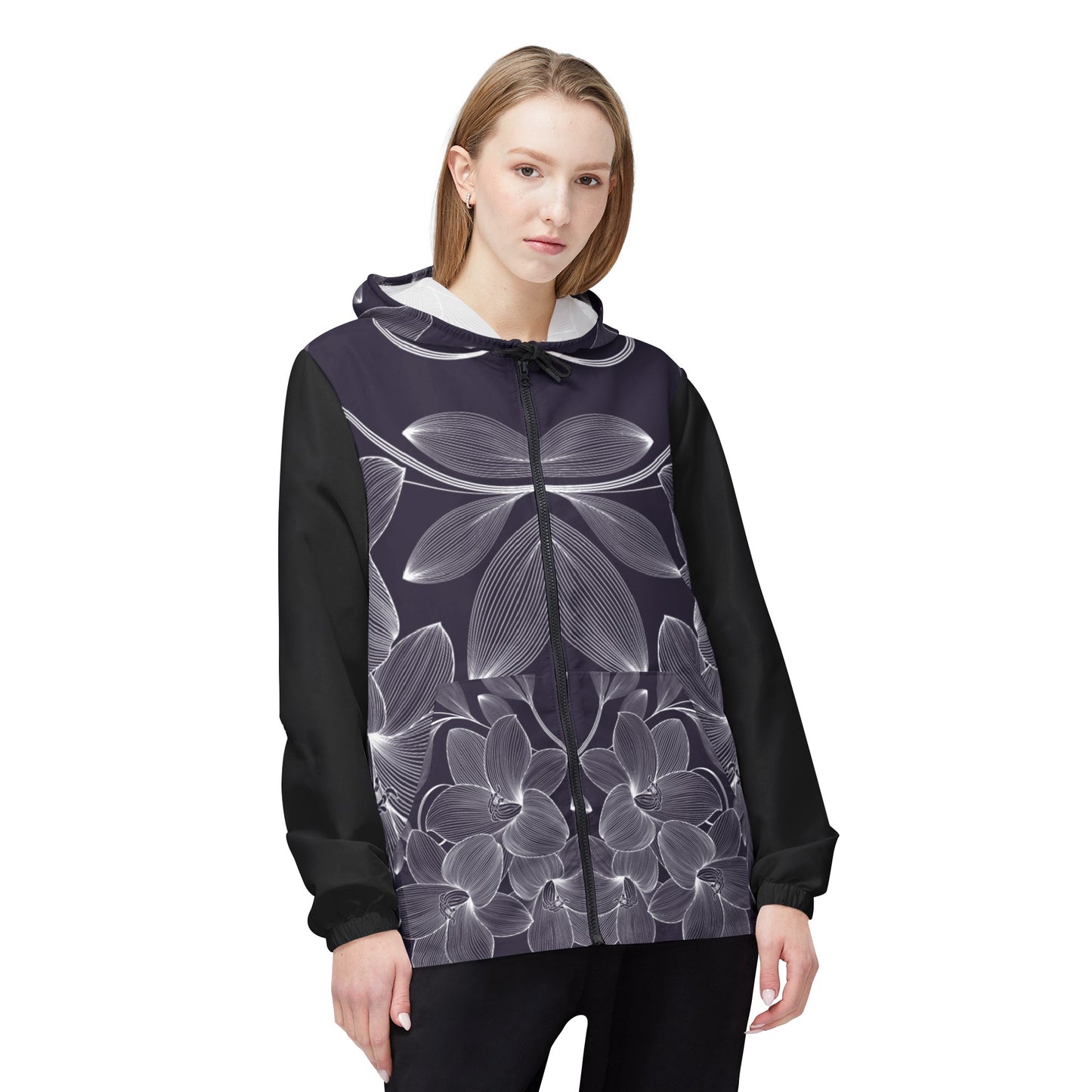 Windbreaker Jacket (AOP) black and white flower ,
