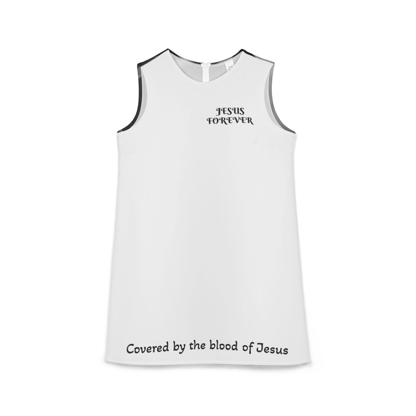 A-line Sleeveless Dress (AOP) - Jesus Forever Words Front & Covered by the Blood of Jesus Back Design with black and white flowers