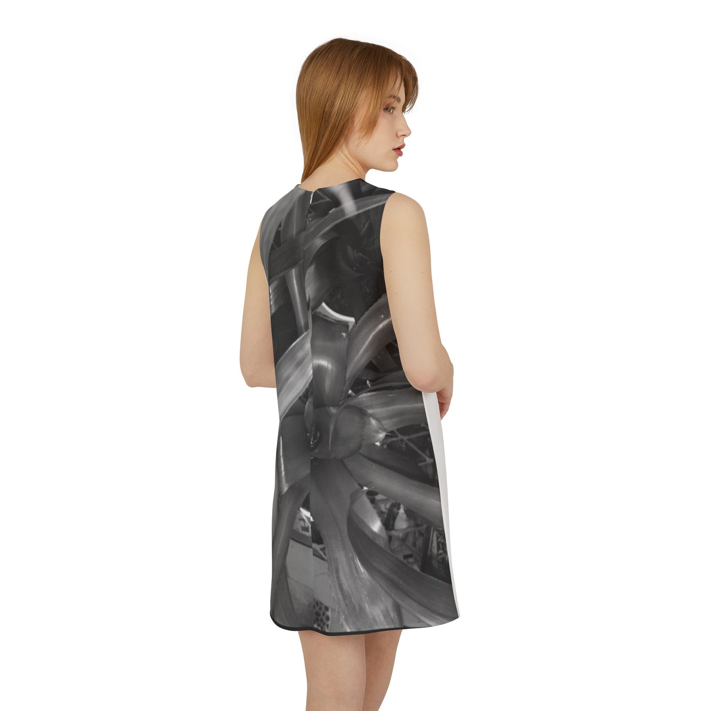 A-line Sleeveless Dress (AOP) - Jesus Forever Words Front & Covered by the Blood of Jesus Back Design with black and white flowers