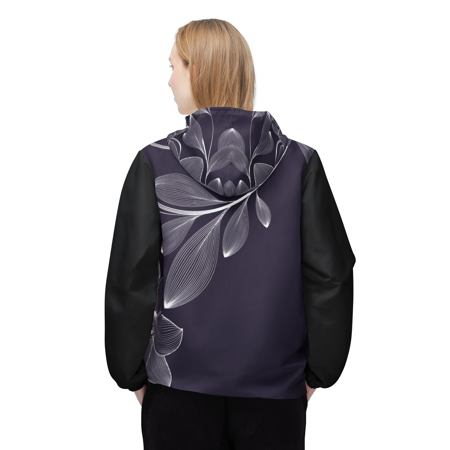 Windbreaker Jacket (AOP) black and white flower ,