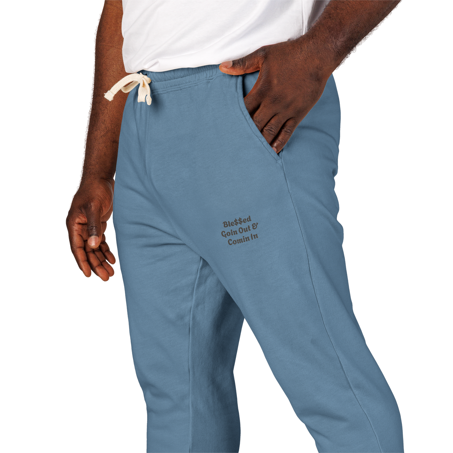 Unisex Garment-Dyed Lightweight Fleece Sweatpants with words Ble$$ed going out& Ble$$ed coming in