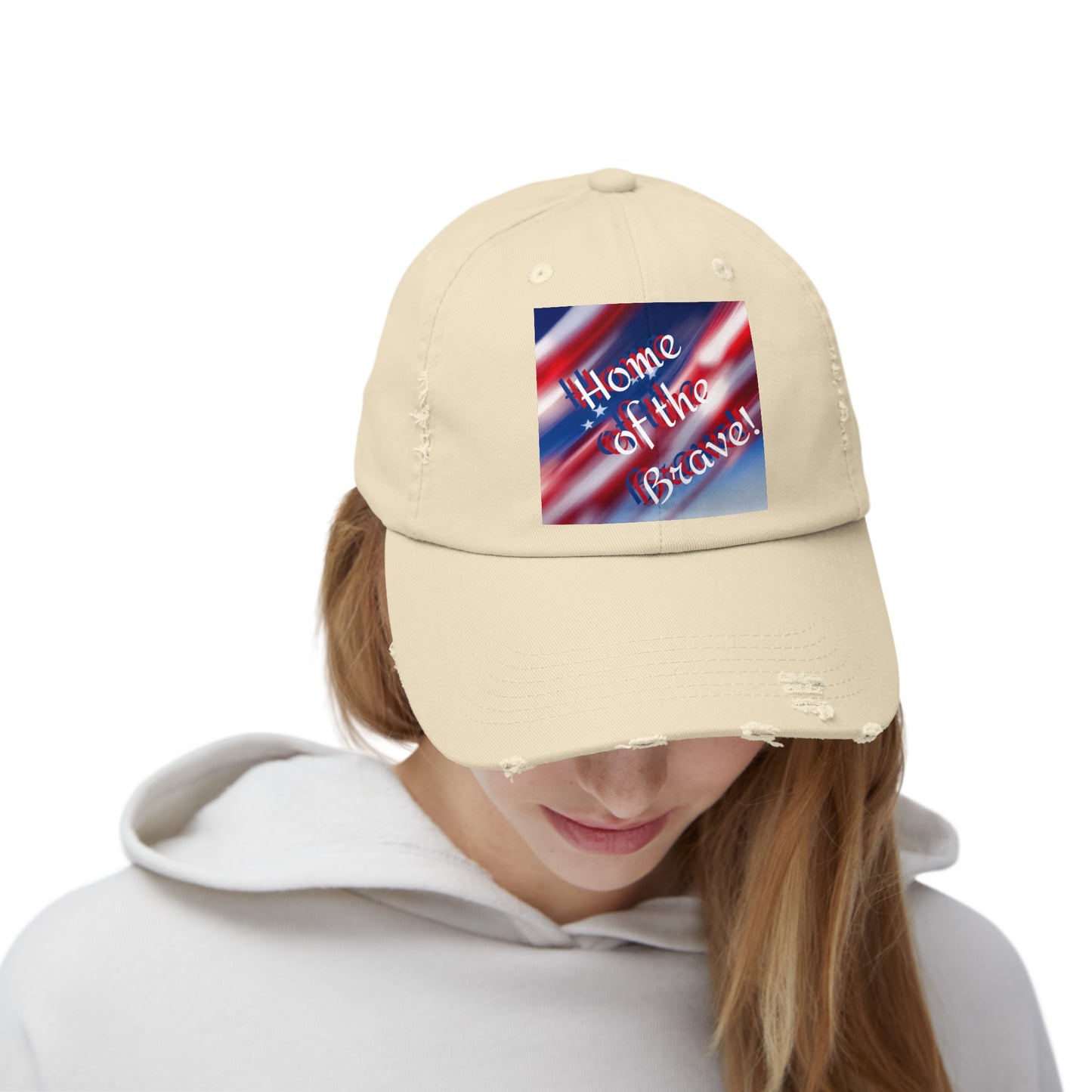 Unisex Distressed Cap America's flag in cloud form words home home of the brave.