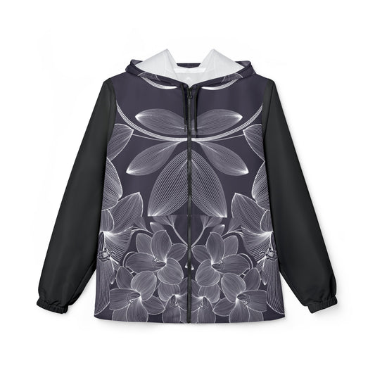 Windbreaker Jacket (AOP) black and white flower ,