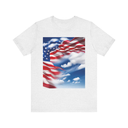 Unisex Jersey Short Sleeve Tee. with American Flag and home of the brave on th back.