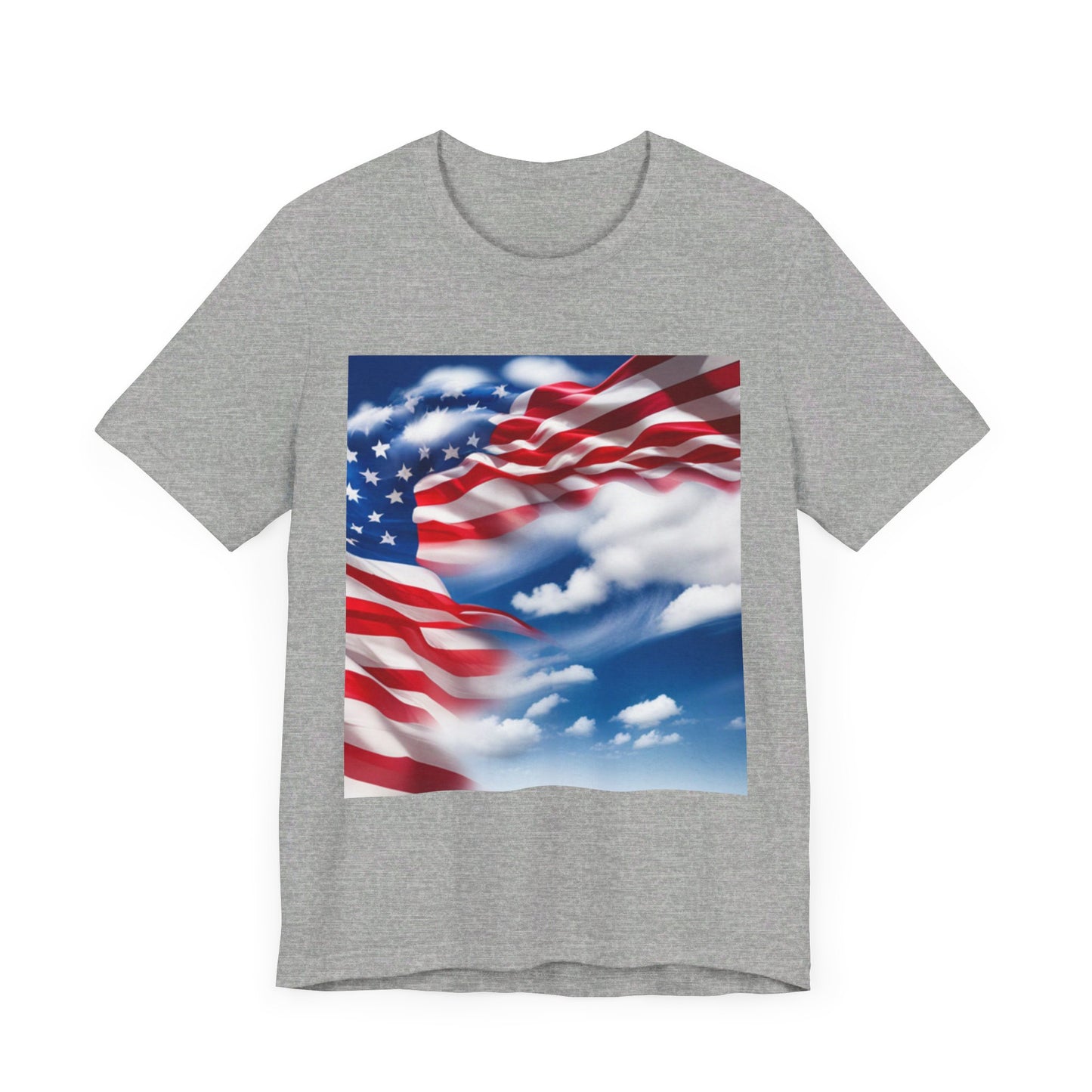 Unisex Jersey Short Sleeve Tee. with American flag.in cloud form. I'm  proud to be an American on the back