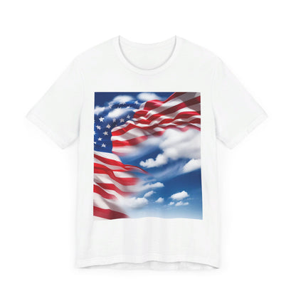 Unisex Jersey Short Sleeve Tee. with American Flag and home of the brave on th back.