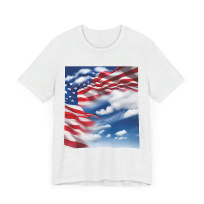 Unisex Jersey Short Sleeve Tee. with American flag.in cloud form. I'm  proud to be an American on the back