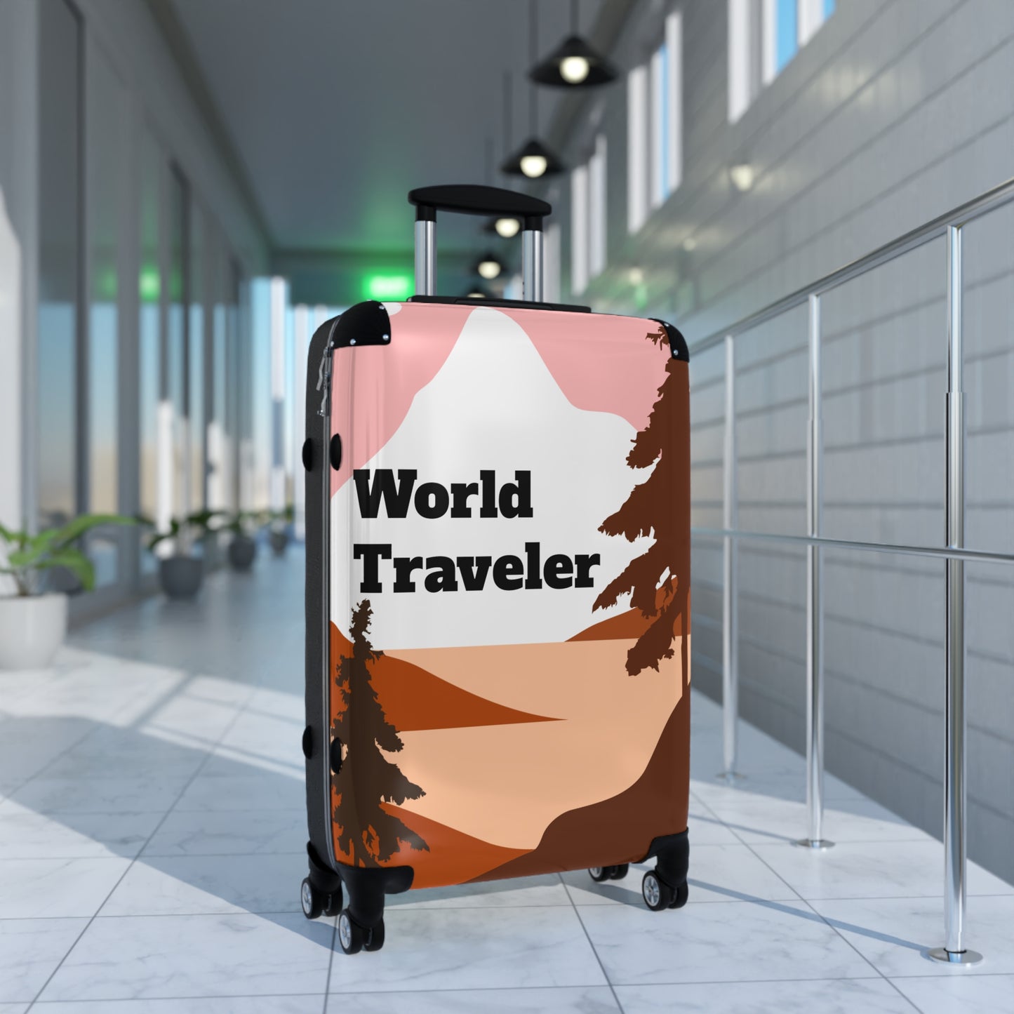 Suitcase World traveler pink and brown landscape