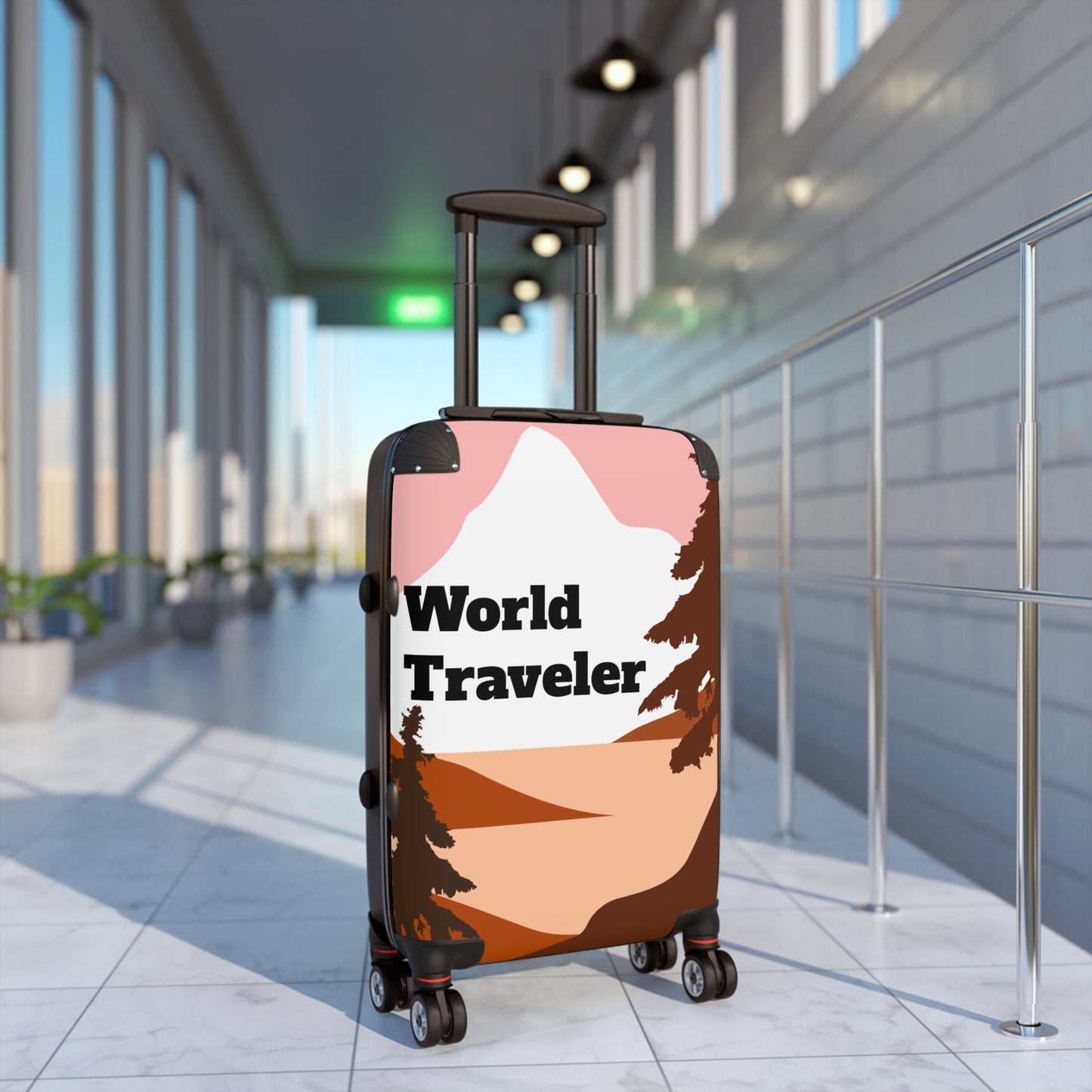 Suitcase World traveler pink and brown landscape