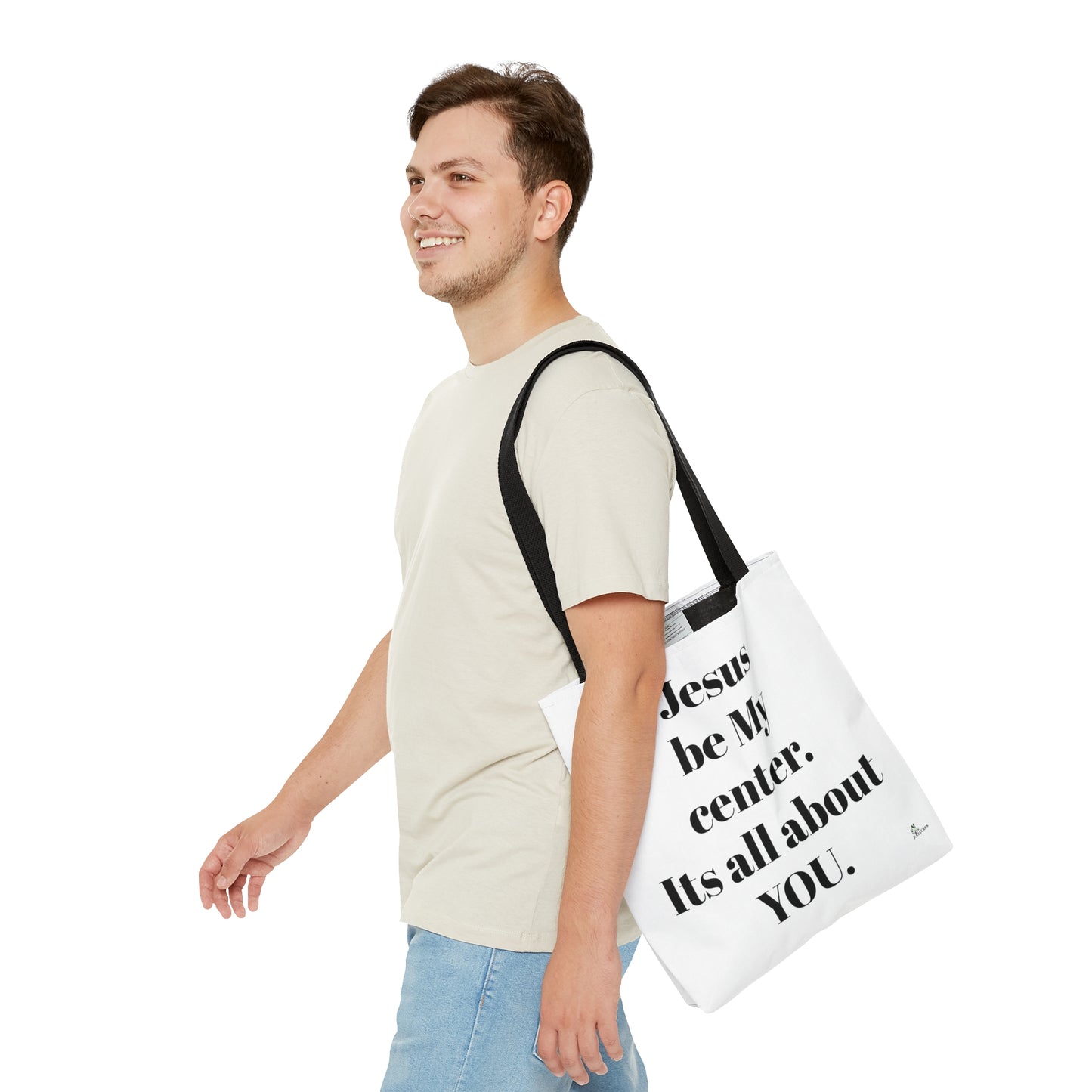 Tote Bag (AOP) The only way/ white background / Jesus be my center.