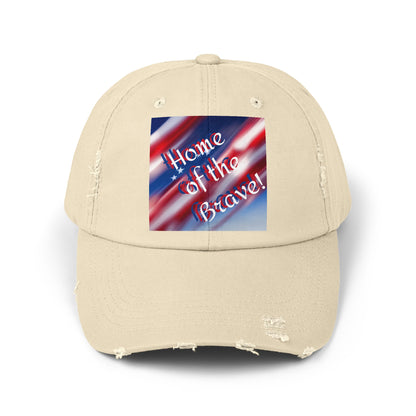 Unisex Distressed Cap America's flag in cloud form words home home of the brave.