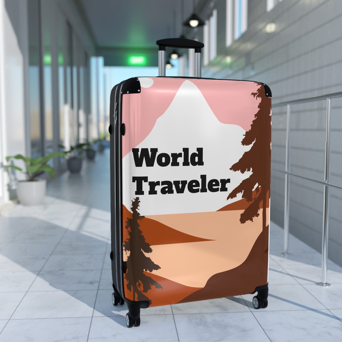 Suitcase World traveler pink and brown landscape