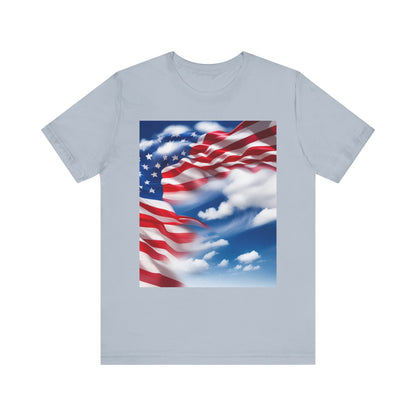 Unisex Jersey Short Sleeve Tee. with American Flag and home of the brave on th back.