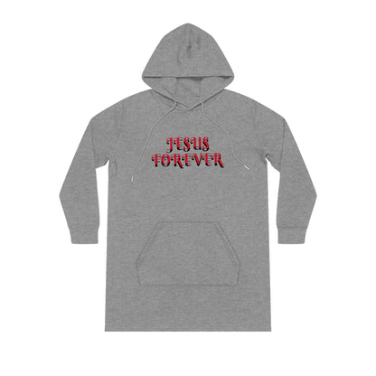 Christian Hoodie Dress - Jesus Forever Words Front & Covered by the Blood of Jesus Back Design red words.