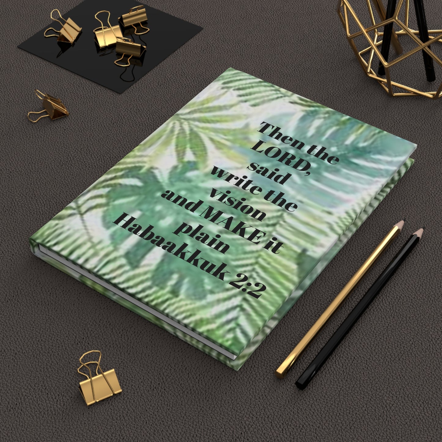 Hardcover Journal Matte  Green tropical leaves with Habakkuk 2:2