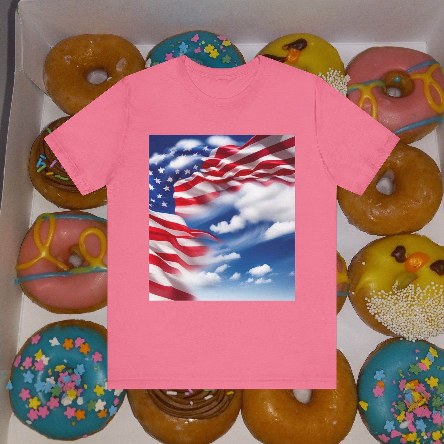 Unisex Jersey Short Sleeve Tee. with American flag.in cloud form. I'm  proud to be an American on the back