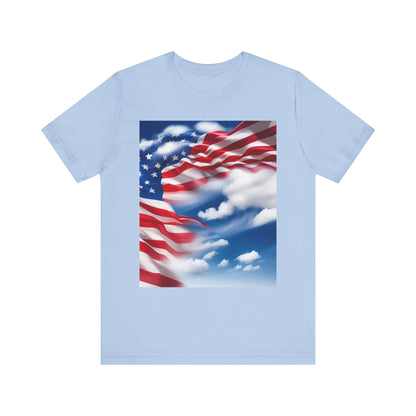 Unisex Jersey Short Sleeve Tee. with American Flag and home of the brave on th back.