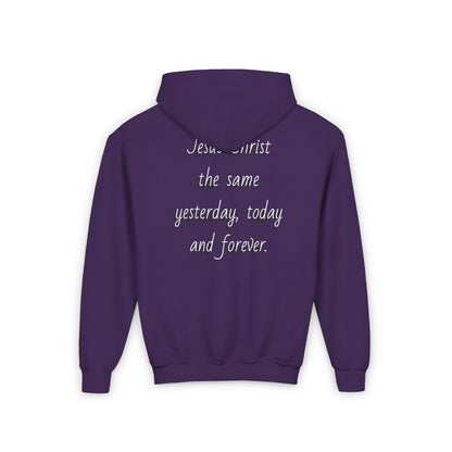 Youth Heavy Blend Hooded Sweatshirt with JESUS FOREVER on back JESUS CHRIST THE SAME YESTERDAY TODAYAND FOREVER.