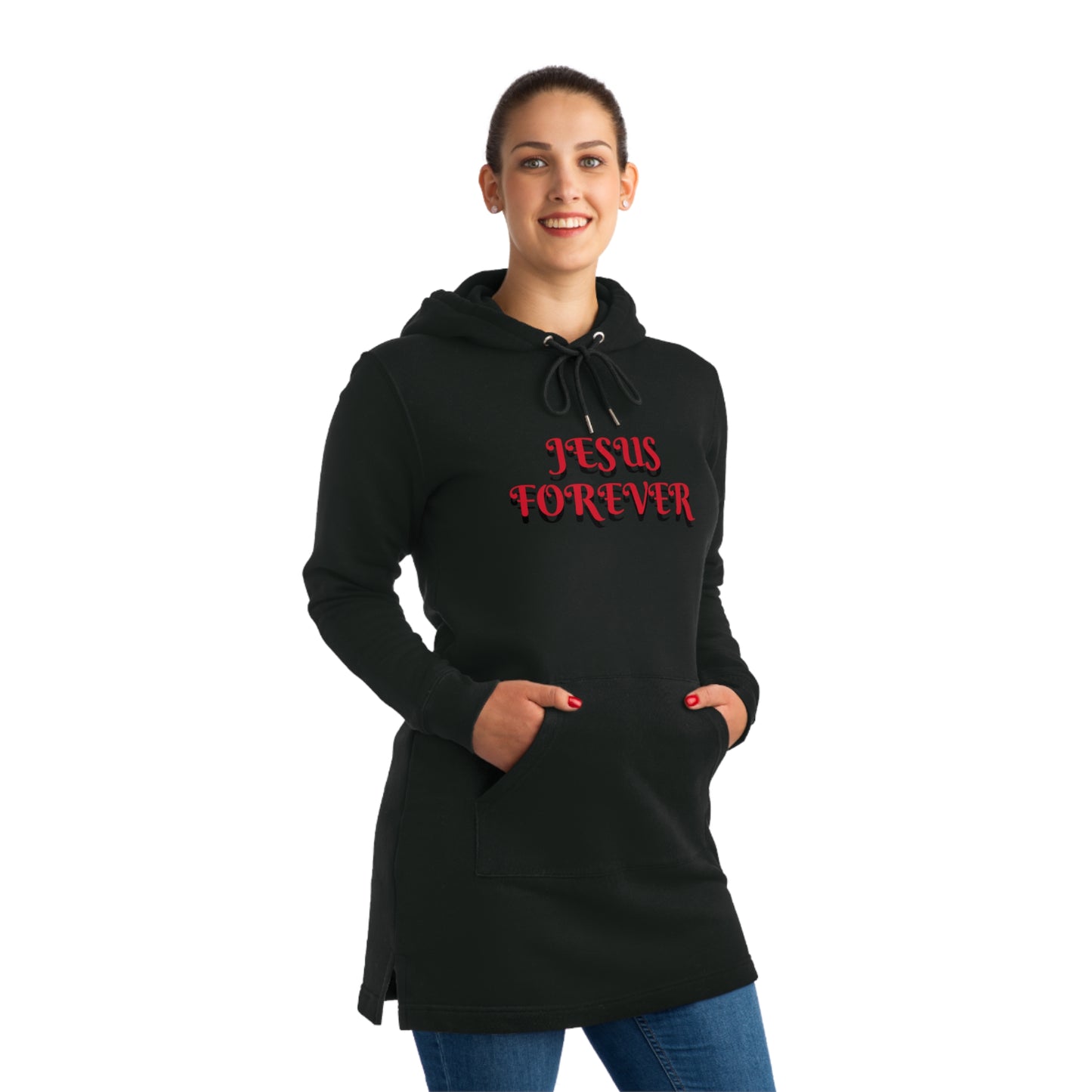 Christian Hoodie Dress - Jesus Forever Words Front & Covered by the Blood of Jesus Back Design red words.