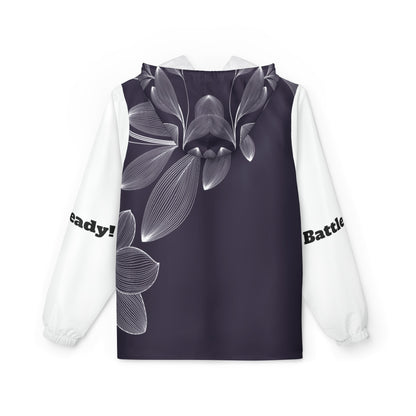 Windbreaker Jacket (AOP) black and white flower strong in the Lord, Battle Ready, More than a conqueror