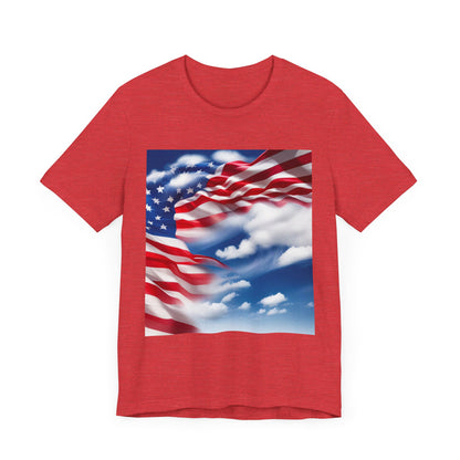 Unisex Jersey Short Sleeve Tee. with American flag.in cloud form. I'm  proud to be an American on the back