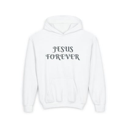 Youth Heavy Blend Hooded Sweatshirt with JESUS FOREVER on back JESUS CHRIST THE SAME YESTERDAY TODAYAND FOREVER.