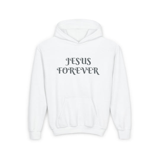 Youth Heavy Blend Hooded Sweatshirt with JESUS FOREVER on back JESUS CHRIST THE SAME YESTERDAY TODAYAND FOREVER.