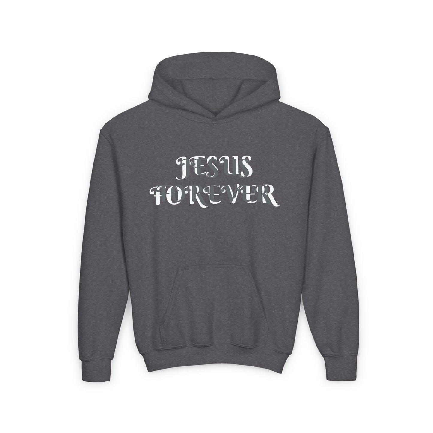 Youth Heavy Blend Hooded Sweatshirt with JESUS FOREVER on back JESUS CHRIST THE SAME YESTERDAY TODAYAND FOREVER.