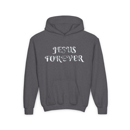 Youth Heavy Blend Hooded Sweatshirt with JESUS FOREVER on back JESUS CHRIST THE SAME YESTERDAY TODAYAND FOREVER.