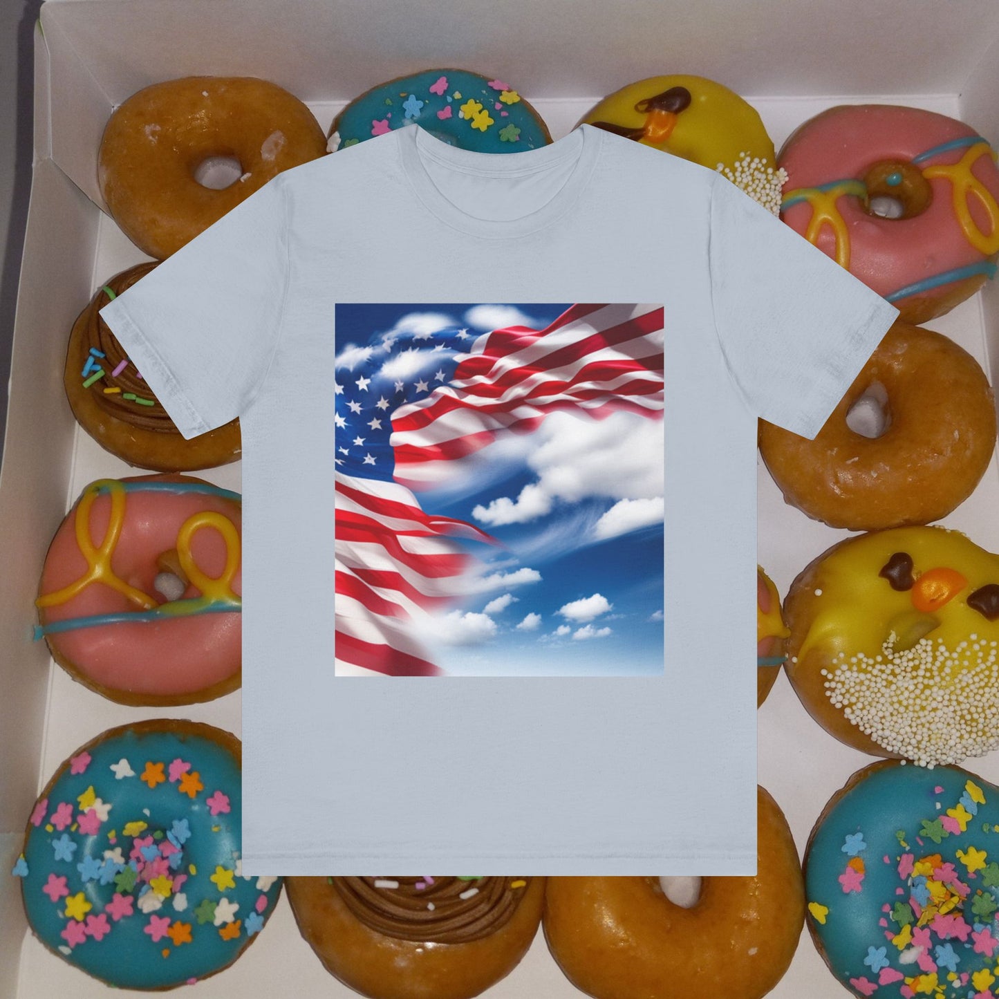 Unisex Jersey Short Sleeve Tee. with American flag.in cloud form. I'm  proud to be an American on the back