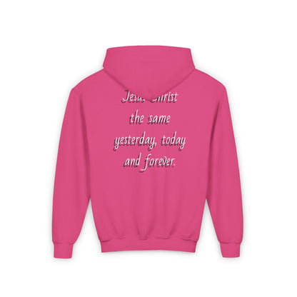 Youth Heavy Blend Hooded Sweatshirt with JESUS FOREVER on back JESUS CHRIST THE SAME YESTERDAY TODAYAND FOREVER.