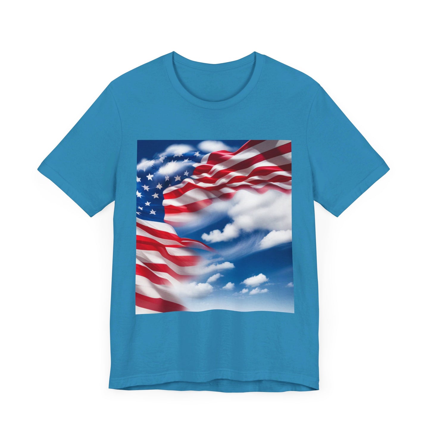 Unisex Jersey Short Sleeve Tee. with American flag.in cloud form. I'm  proud to be an American on the back