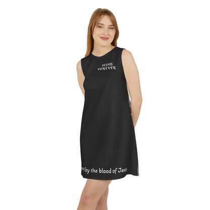 A-line Sleeveless Dress (AOP)   - Jesus Forever Words Front & Covered by the Blood of Jesus Back Design  with   black and white flowers