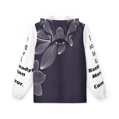 Windbreaker Jacket (AOP) black and white flower strong in the Lord, Battle Ready, More than a conqueror