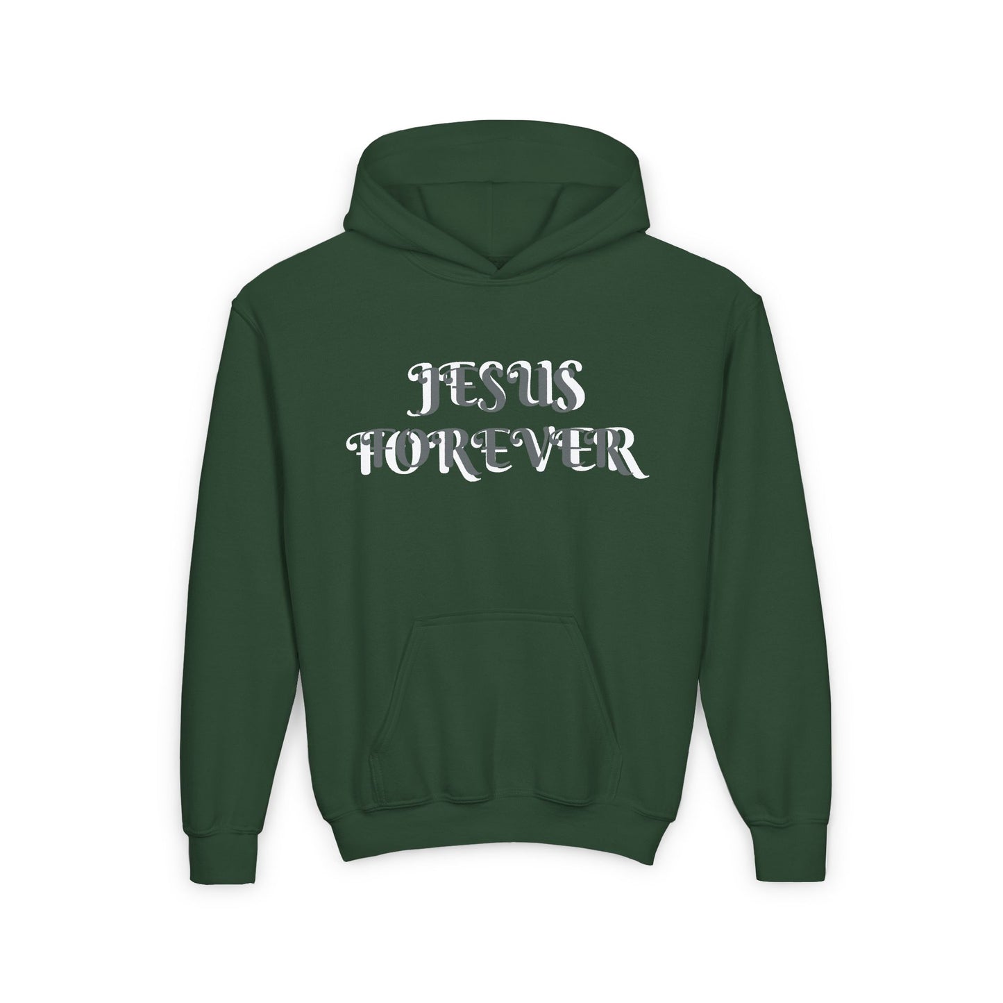 Youth Heavy Blend Hooded Sweatshirt with JESUS FOREVER on back JESUS CHRIST THE SAME YESTERDAY TODAYAND FOREVER.
