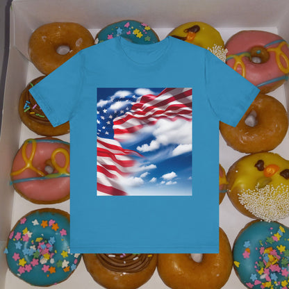 Unisex Jersey Short Sleeve Tee. with American flag.in cloud form. I'm  proud to be an American on the back