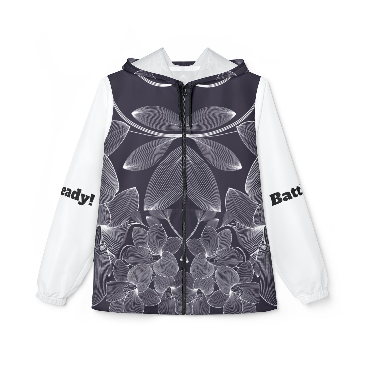 Windbreaker Jacket (AOP) black and white flower strong in the Lord, Battle Ready, More than a conqueror