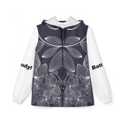 Windbreaker Jacket (AOP) black and white flower strong in the Lord, Battle Ready, More than a conqueror