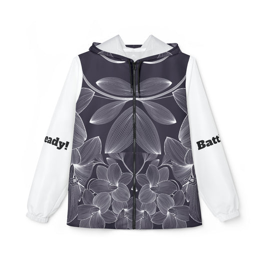 Windbreaker Jacket (AOP) black and white flower strong in the Lord, Battle Ready, More than a conqueror