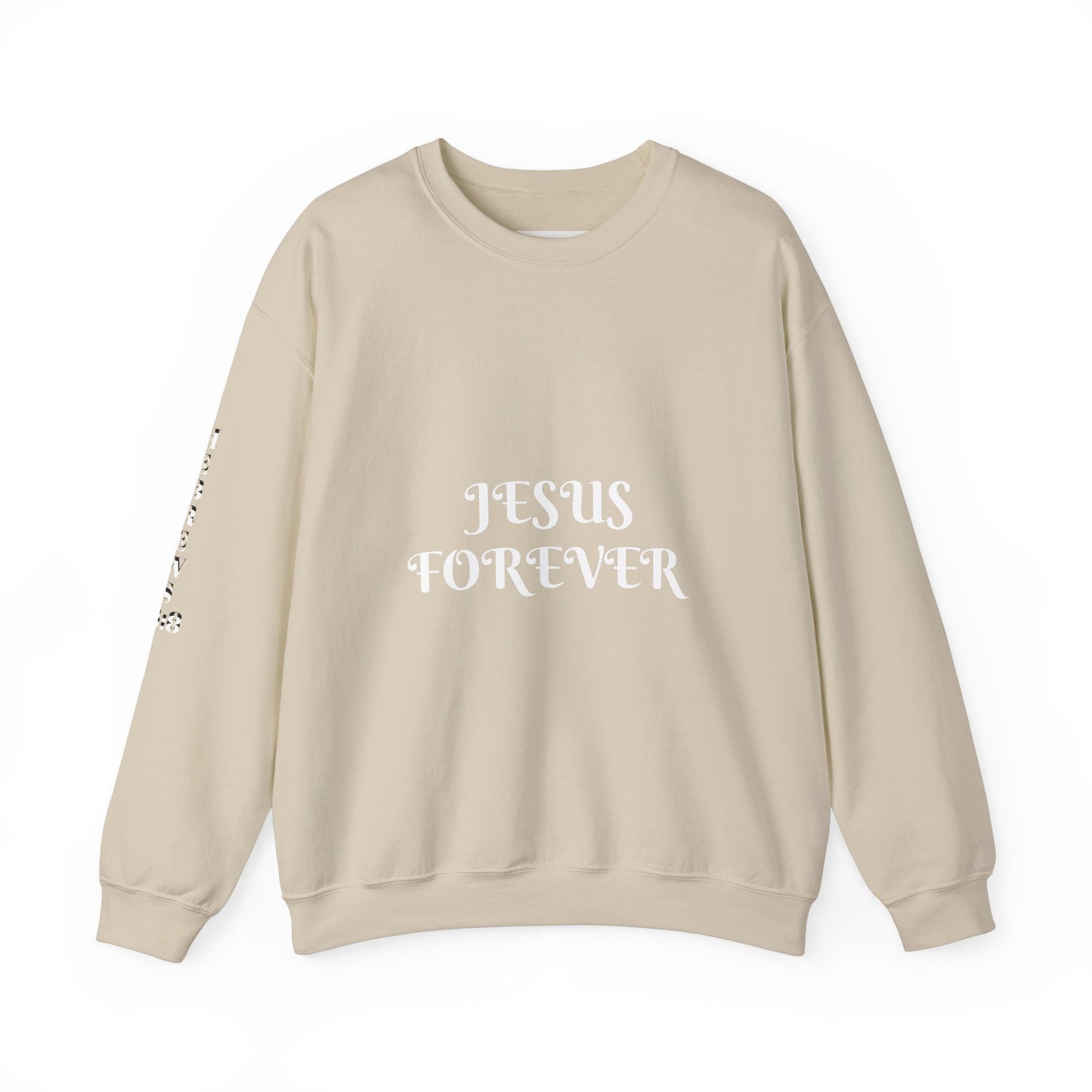 Jesus Forever Crewneck Sweatshirt Hebrews 13:8   on back Jesus Christ the same yesterday and today and forever.