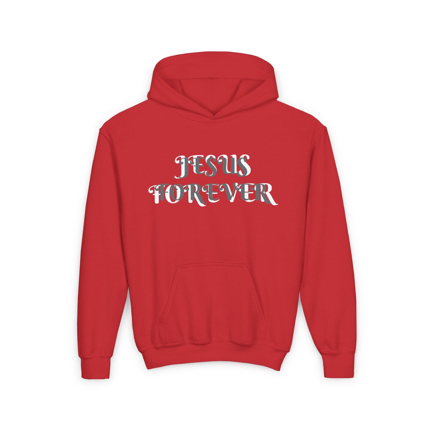 Youth Heavy Blend Hooded Sweatshirt with JESUS FOREVER on back JESUS CHRIST THE SAME YESTERDAY TODAYAND FOREVER.
