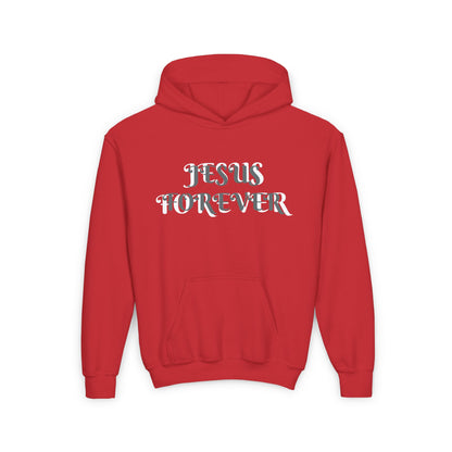 Youth Heavy Blend Hooded Sweatshirt with JESUS FOREVER on back JESUS CHRIST THE SAME YESTERDAY TODAYAND FOREVER.