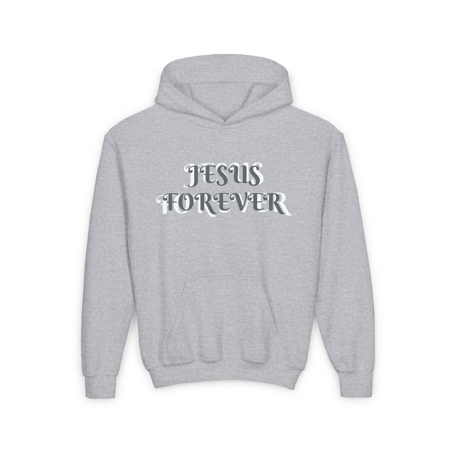 Youth Heavy Blend Hooded Sweatshirt with JESUS FOREVER on back JESUS CHRIST THE SAME YESTERDAY TODAYAND FOREVER.