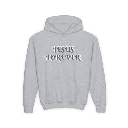 Youth Heavy Blend Hooded Sweatshirt with JESUS FOREVER on back JESUS CHRIST THE SAME YESTERDAY TODAYAND FOREVER.