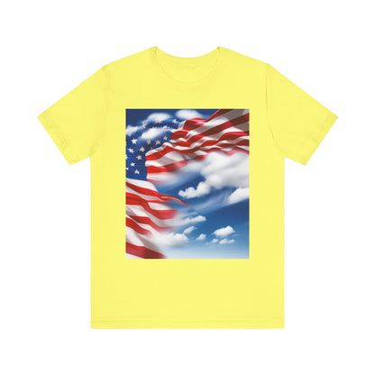 Unisex Jersey Short Sleeve Tee. with American Flag and home of the brave on th back.